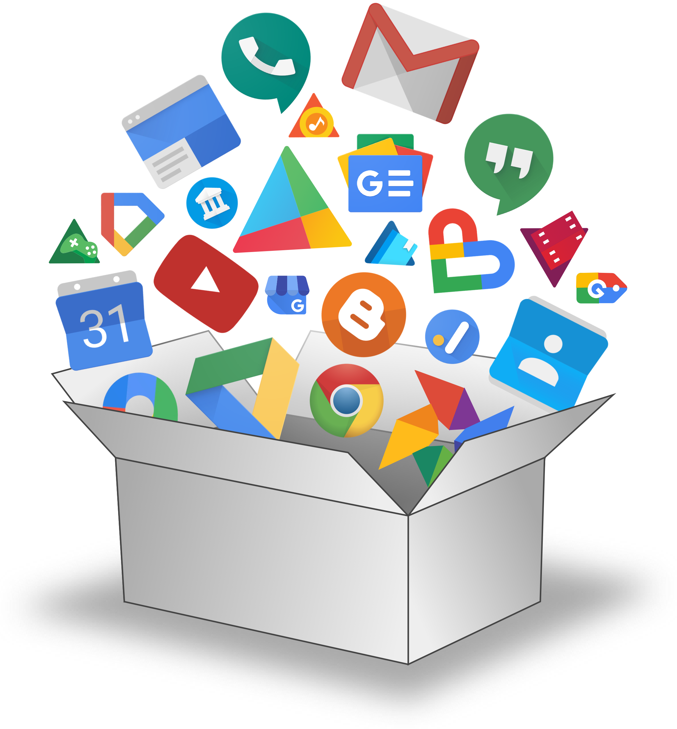 A representation of Google Takeout — a box with various Google data icons coming out of it.