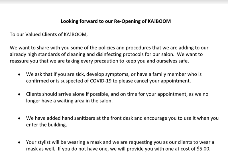 A Vancouver hair salon sent out rules with booking confirmations.