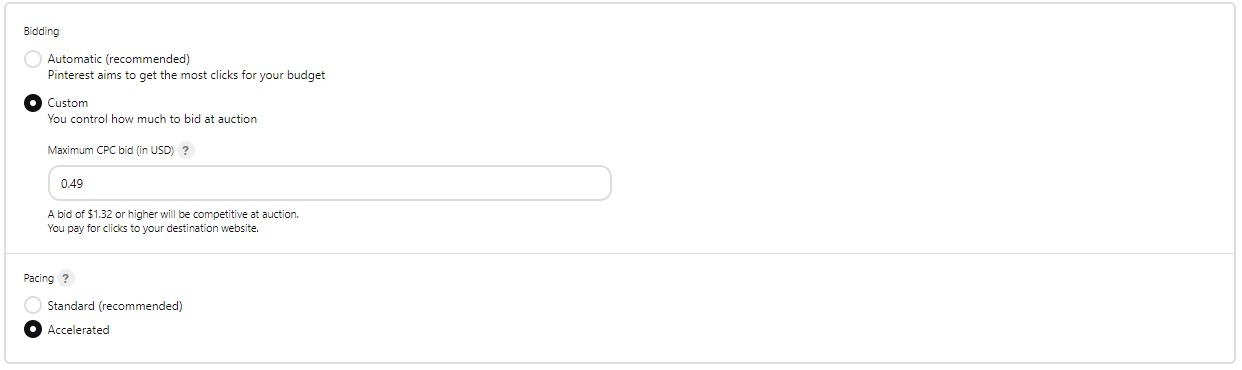 campaign optimization and bididing options for pinterest ads