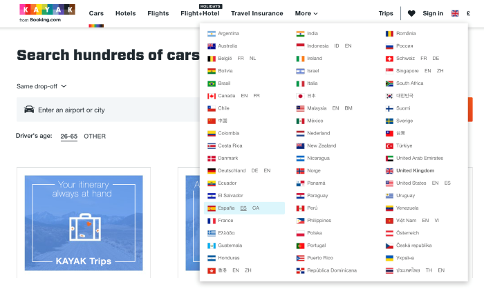 Kayaks homepage which offers a drop down to get to all the other country homepages.