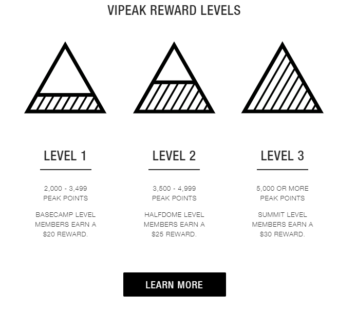 Just like the title of the program, the naming of membership levels - Basecamp, Halfdome and Summit - resonates with the brand essence and the target audience.