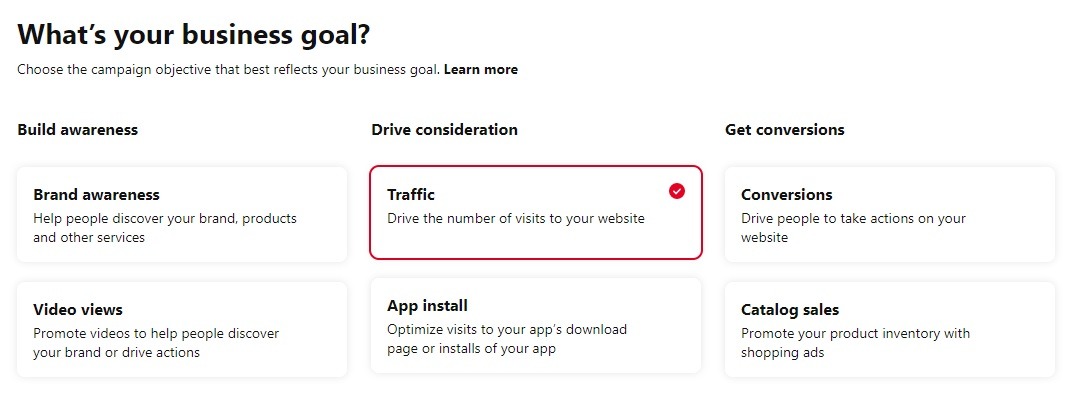 pintest ad campaigns goal types