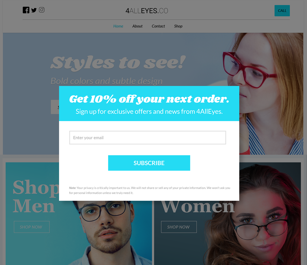 Example of a website with an automated pop-up email subscription form