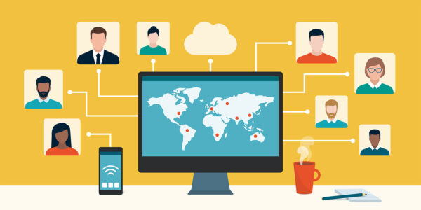 Illustration of world map on desktop computer