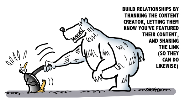 curating content infographic panel three build relationships by thank content creator sharing link