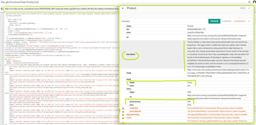 Product schema screenshot - Dior
