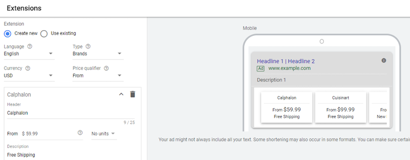google ads price extensions campaign-level extensions