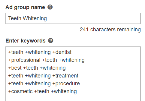 example of broad match modified keywords in bing ads.