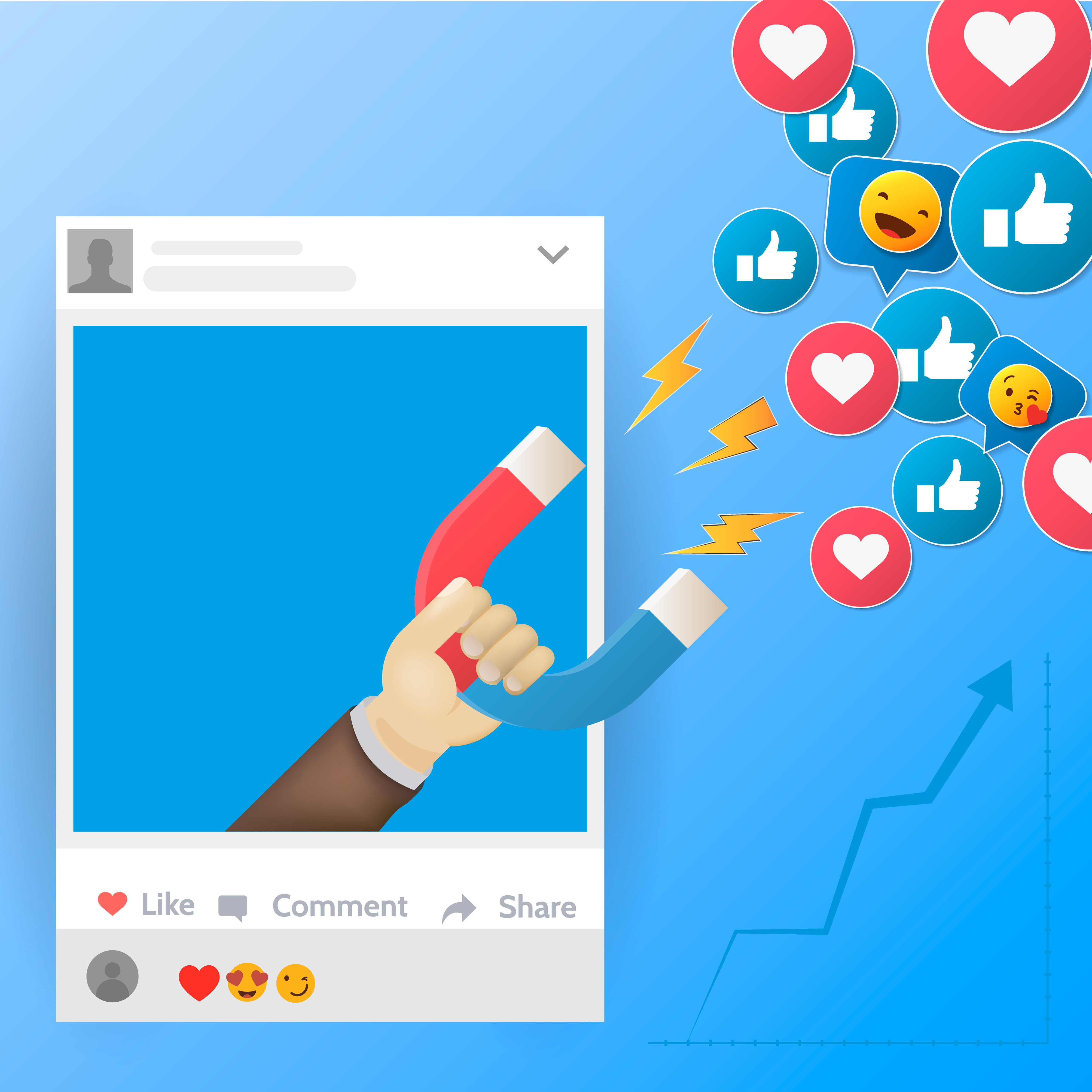 cartoon hand with magnet attracting likes
