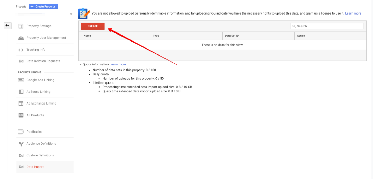 Next, click "Create" to create a new Data Set.