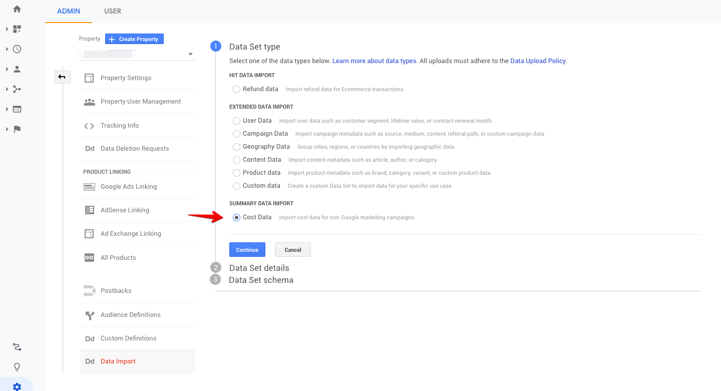 Select "Cost Data and click "Continue." 