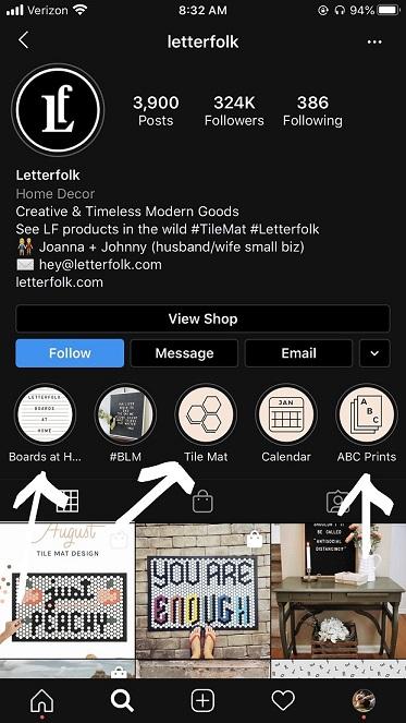 Instagram Story Highlights on Letterfolks profile