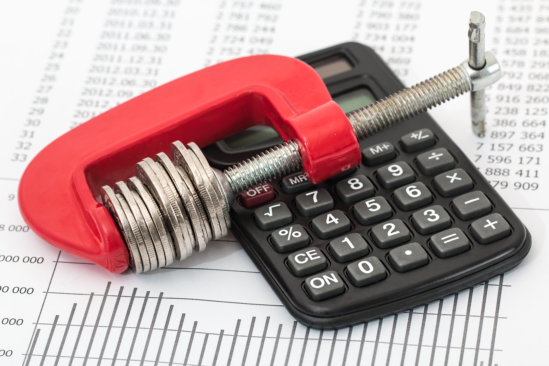 A vice grip holding coins balanced on a calculator against the background of a budget printout.