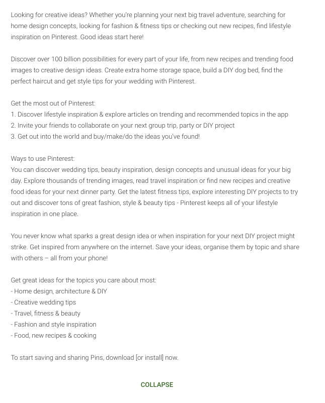 Pinterests app longer description 
