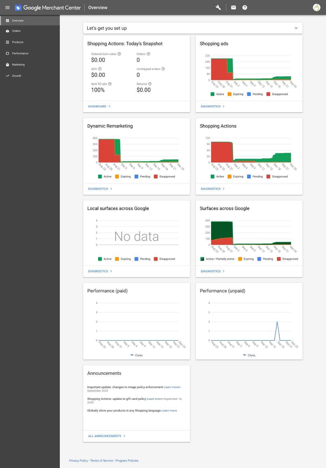 Screenshot of the Google Merchant Center dashboard