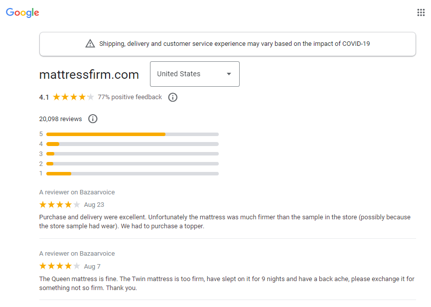Example of aggregate Google Seller Ratings for your business