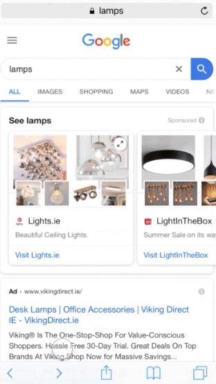 Example of Shopping showcase ads on mobile