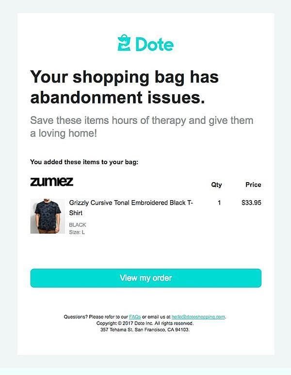 Example of an abandoned cart email