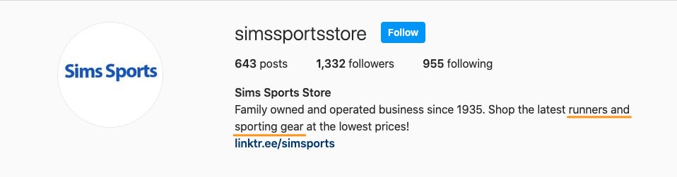 Another example of using keywords in profile to boost Instagram SEO.
