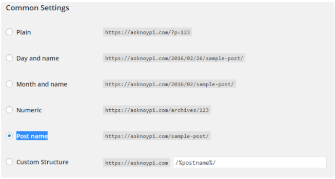 This image shows the Common Settings section in WordPress to select the best permalink structure for SEO.