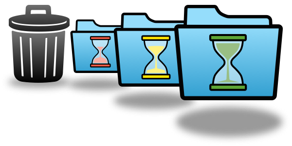 A data retention policy graphic showing 3 file folders with hour glasses and a trash can.