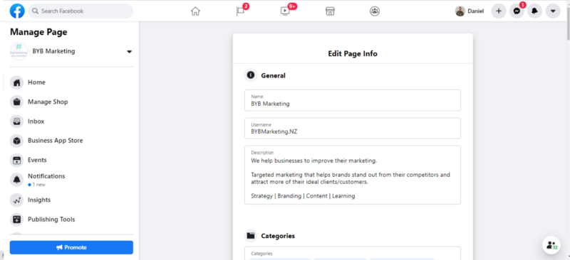Facebook business page about info