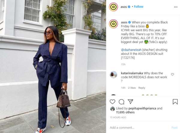 ASOS, promoting their Black Friday sale on Instagram