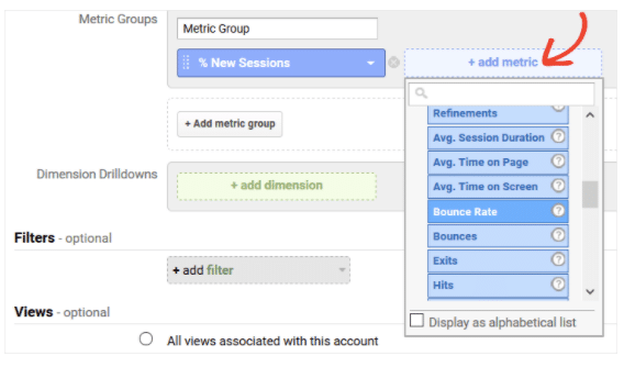 Add the applicable metrics to your report when creating a custom report in Google Analytics.
