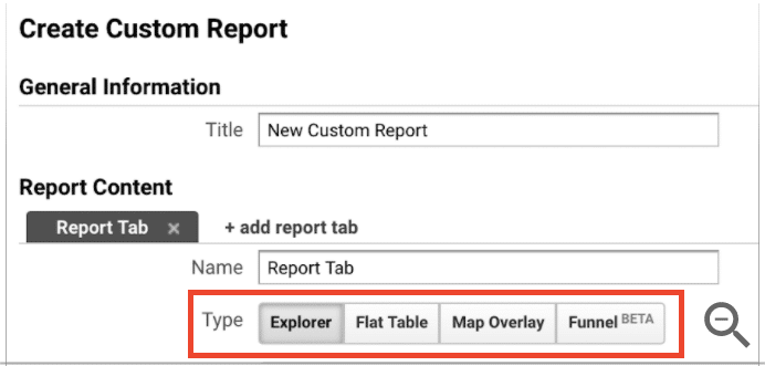Select the report type to create a custom report in Google Analytics.
