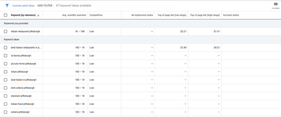 Keyword Planner Results Page