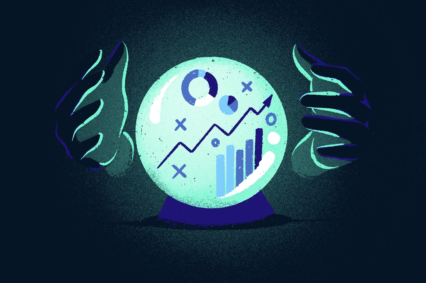 Illustration of charts and graphs of long term digital marketing strategies inside a crystal ball
