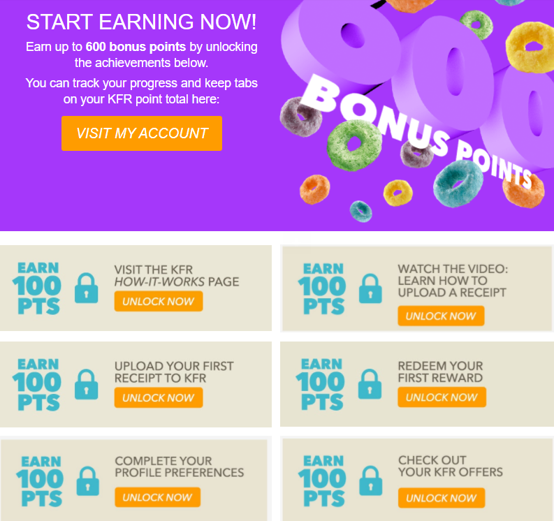 Kellogg’s has a series of opportunities for new members to earn free points. This, in itself, is also a strong incentive for enrollment.