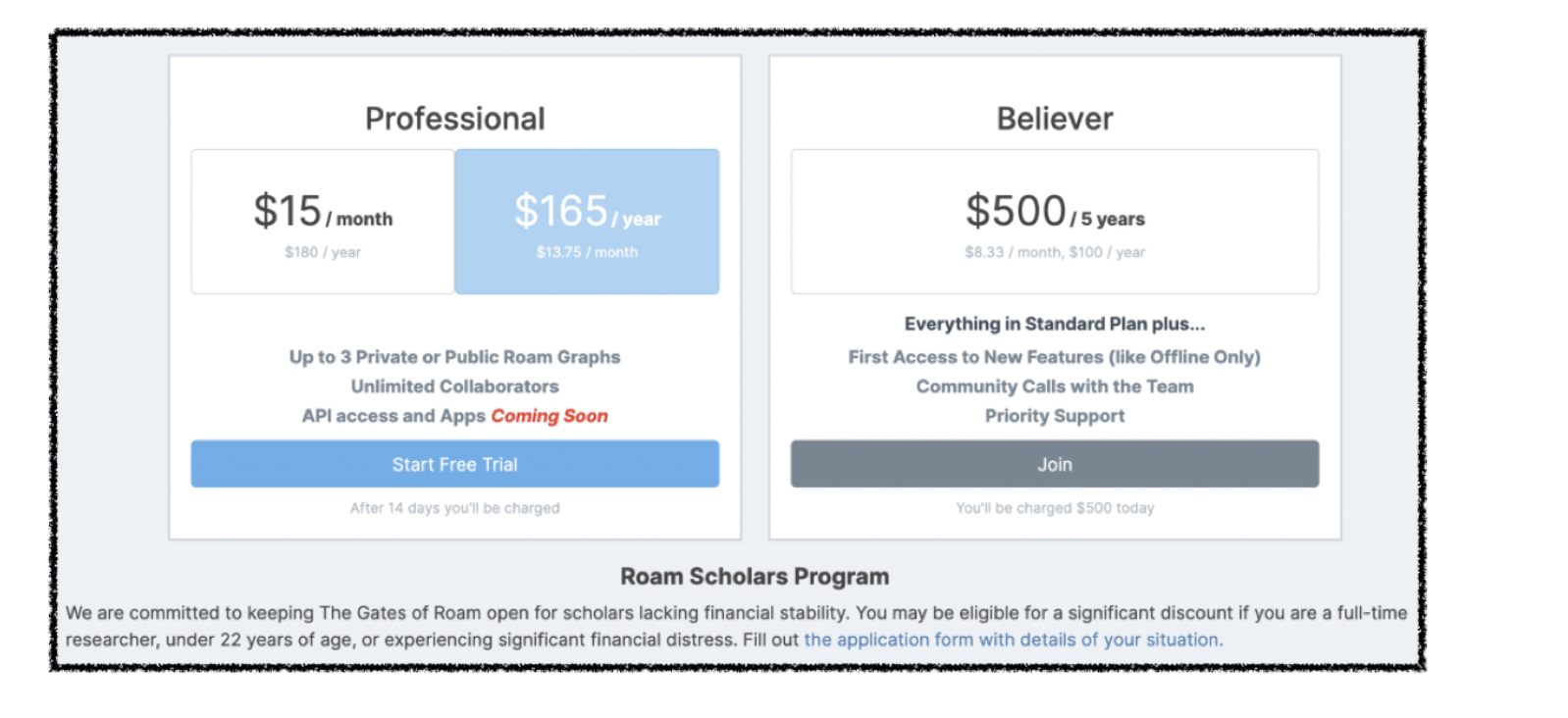 Roam Research pricing.