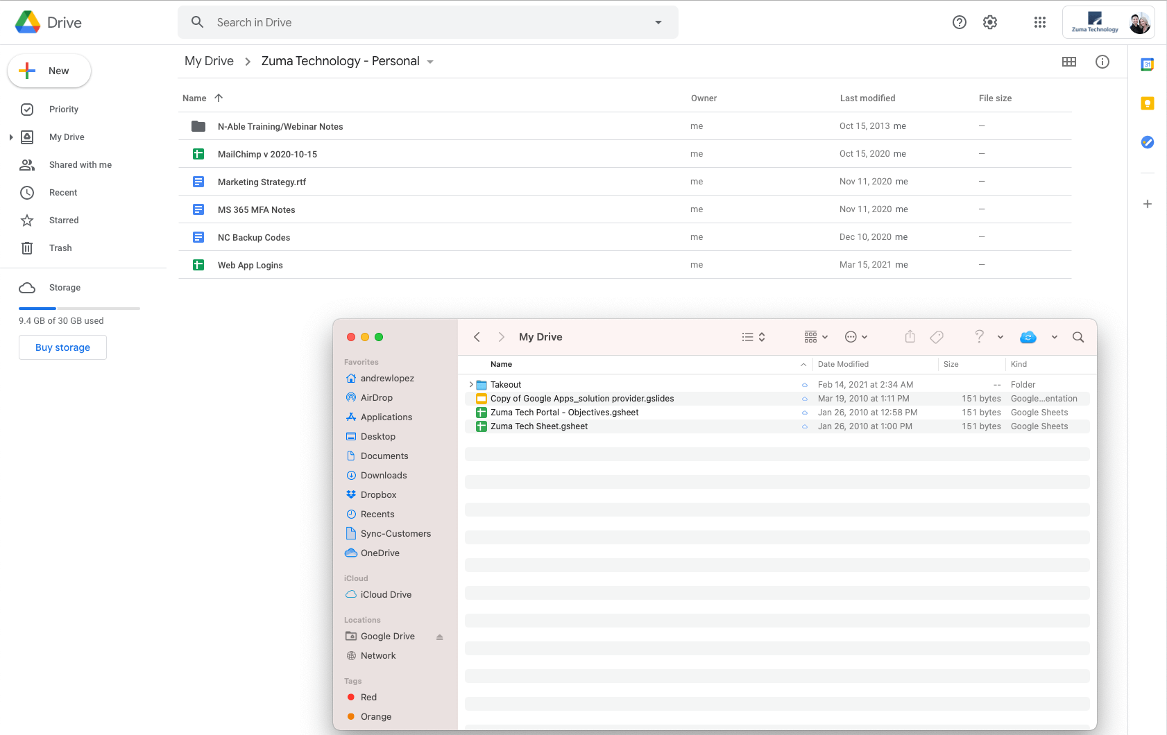 Screenshot of Google Drive local and Google Drive web version to upload data