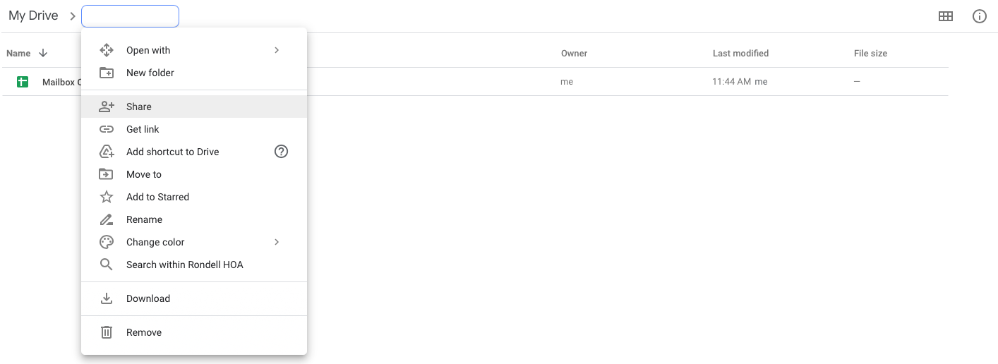 Screen Shot of sharing a folder in Google Drive