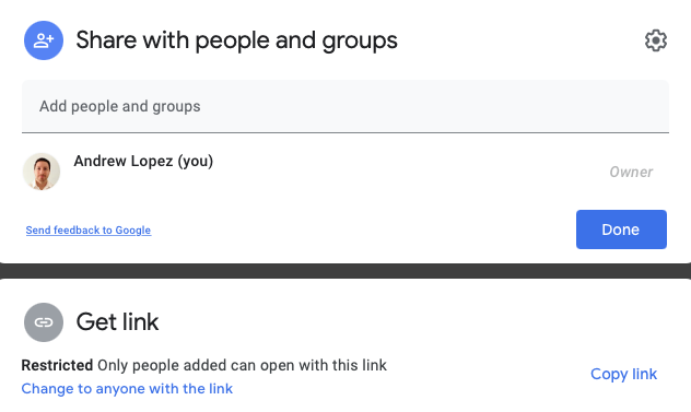 Screen Shot of adding an email to share a folder in Google Drive