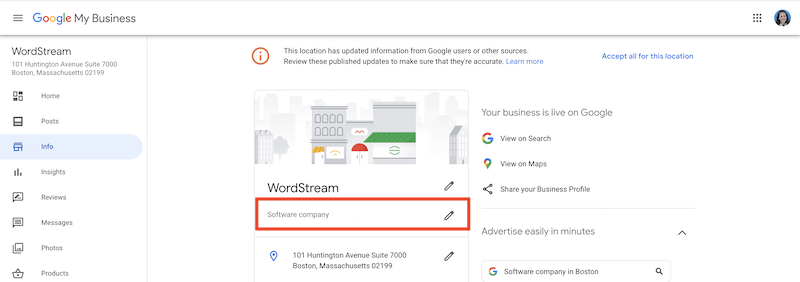 how to edit and update your google business listing category
