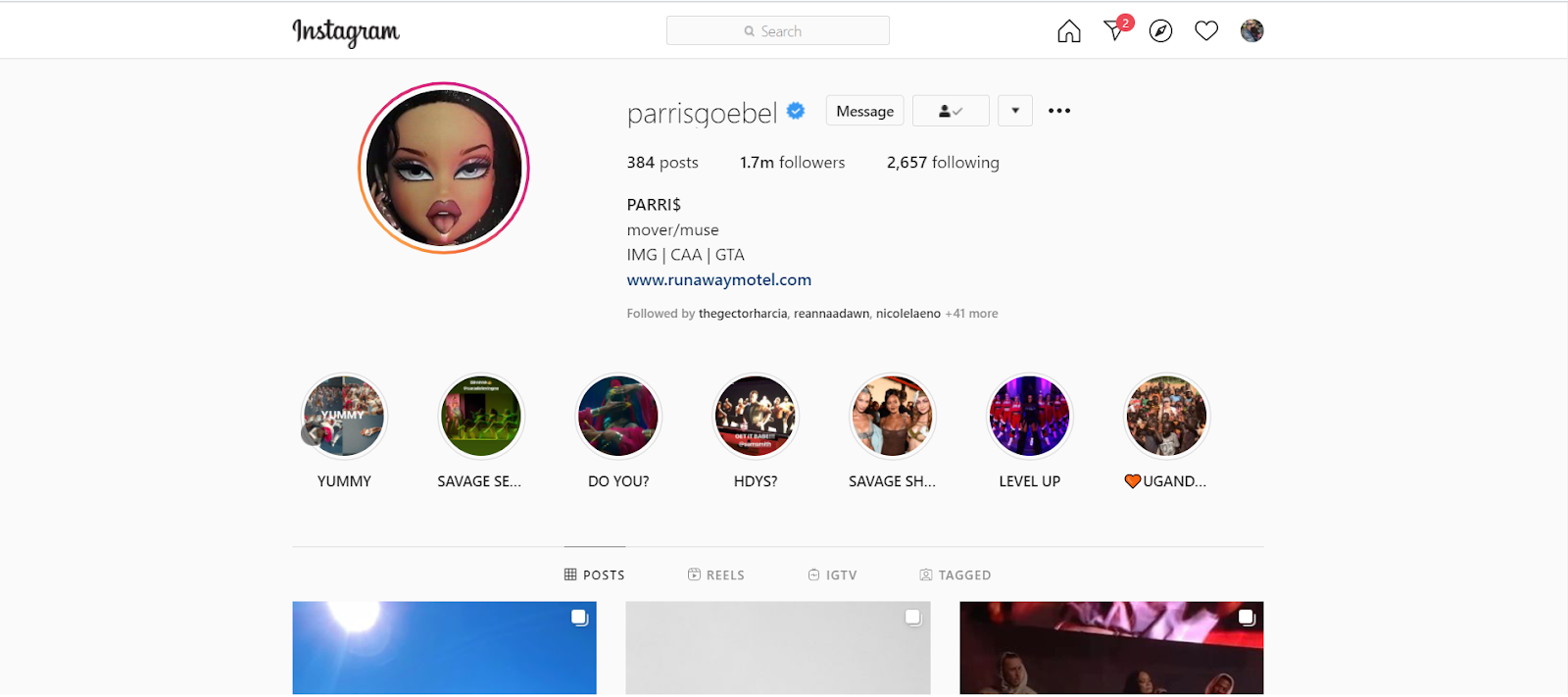 Parris Goebels blue check of approval from Instagram
