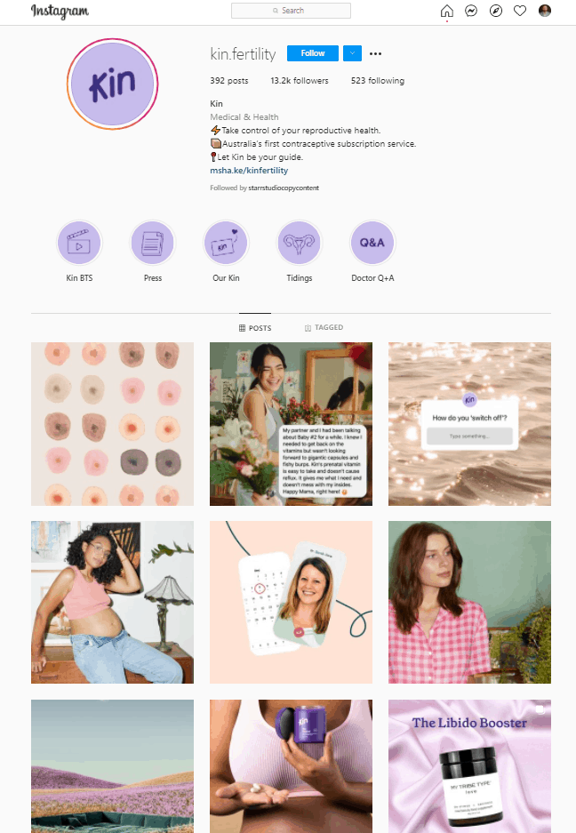Kinfertilitys Instagram feed using a consistent colour palette and style