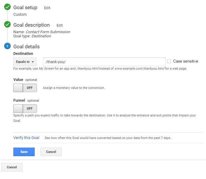 Google Analytics screenshot of goal setup