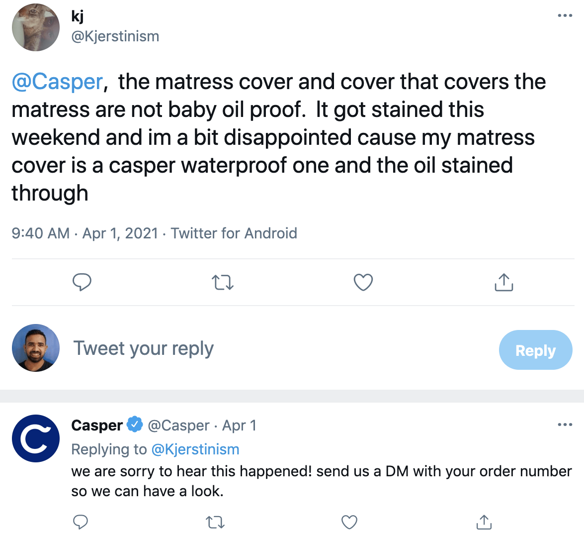 Casper social media support on Twitter