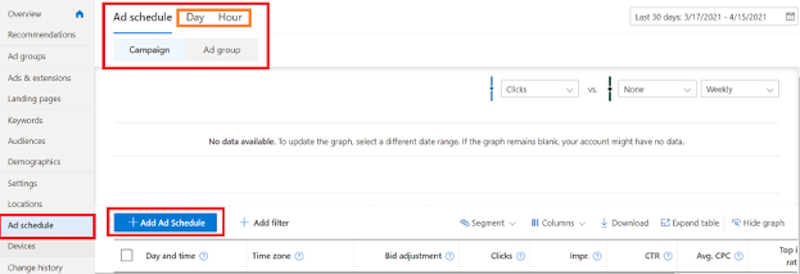 how to set up ad scheduling microsoft setup tab
