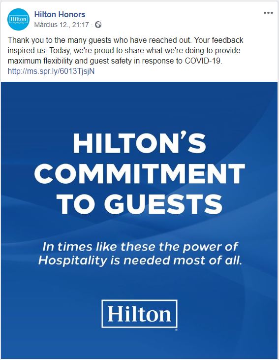 Hilton Honors telling members in a message about their changes in regards to Covid-19.