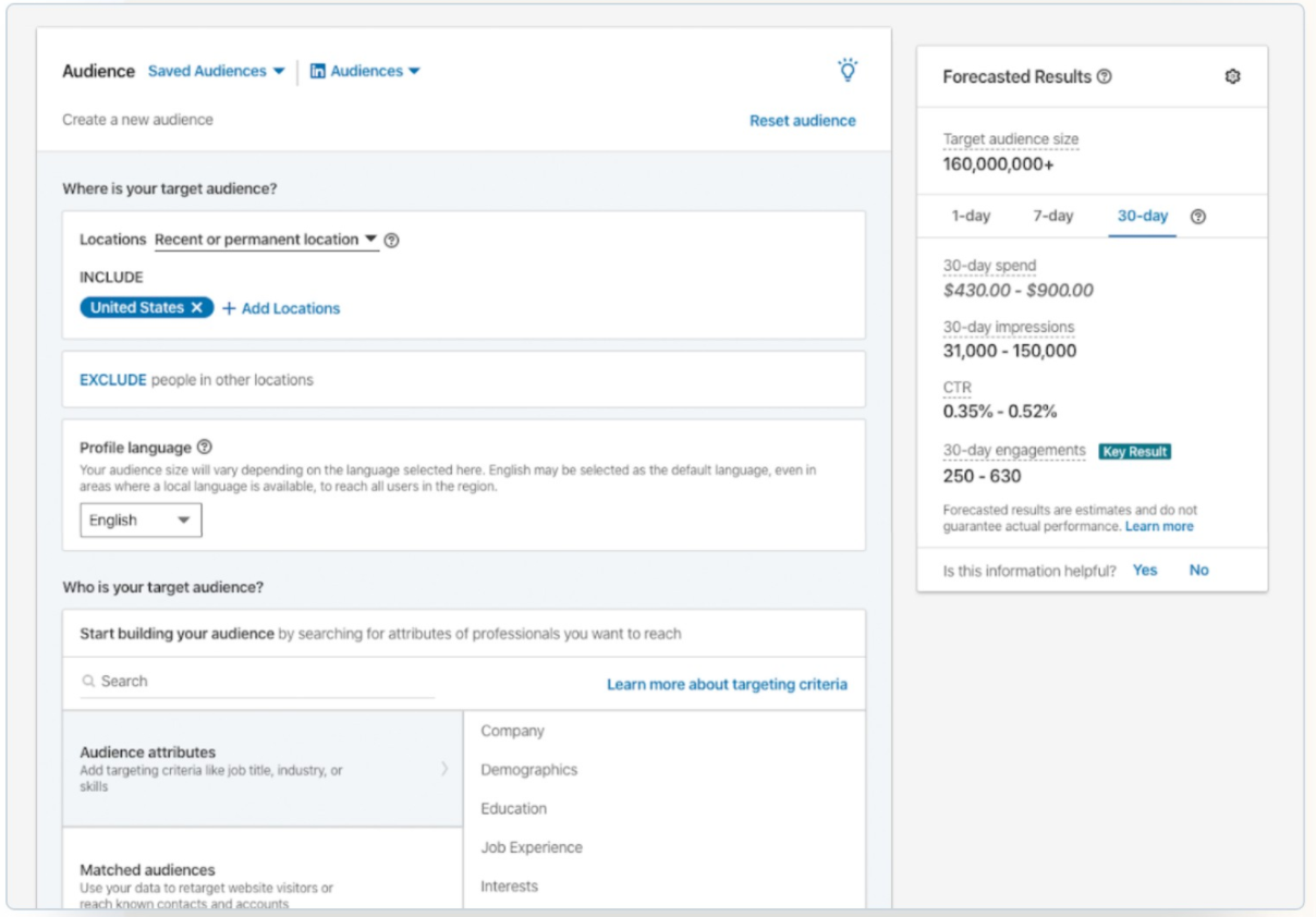 Screenshot of LinkedIn Ads target marketing