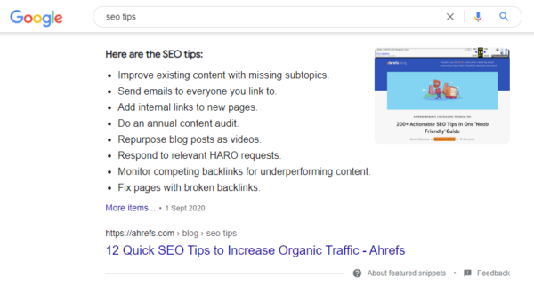 Featured Snippet List Example