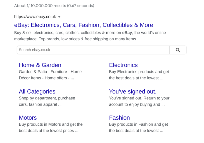 Example of Ebays site links in the SEO listings