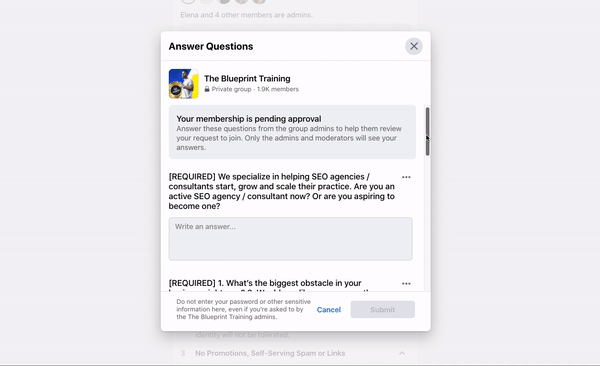 facebook group entry questions