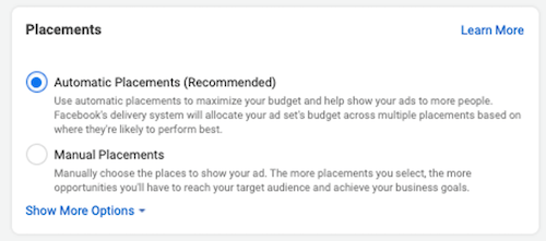 automatic placement setting in facebook ads