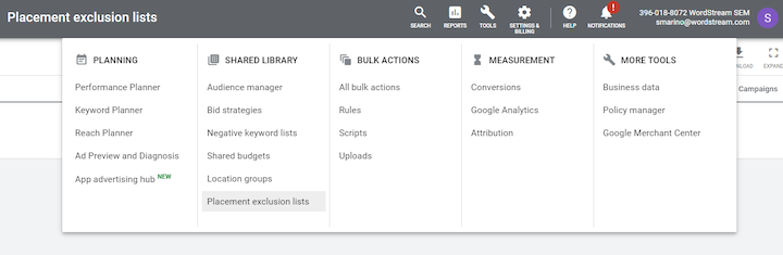 dynamic placement exclusions list in google ads
