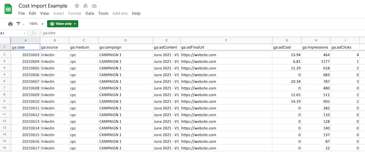 how to import cost data into google analytics—csv template